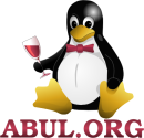 logo de l'ABUL, un manchot Tux avec un verre de vin rouge à la main.